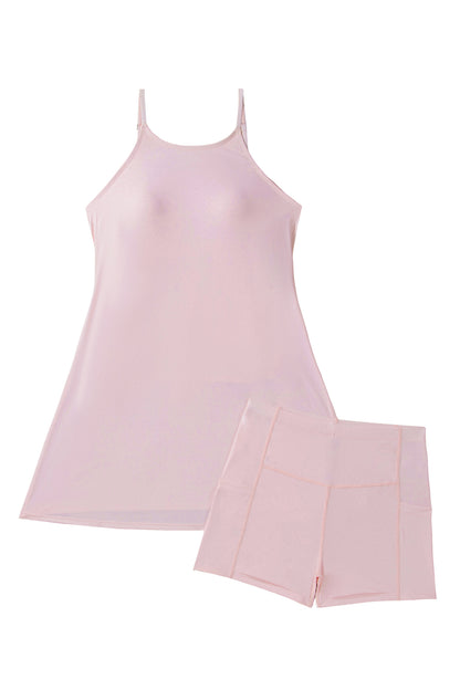 Bright Pink Solid Color Tunic Tank Dress Athletic Shorts Two Piece Set