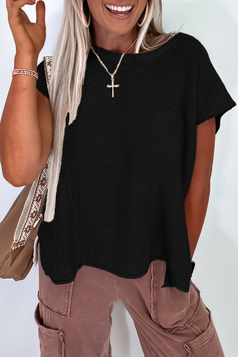 Jet Stream Solid Color Side Slits Sweater Tee