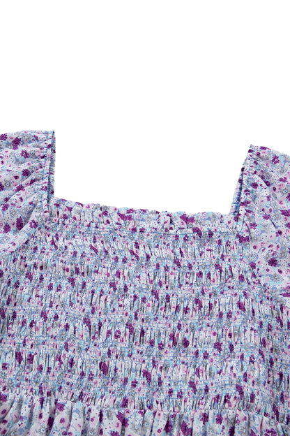 Purple Plus Size Floral Print Square Neck Smocked Maxi Dress