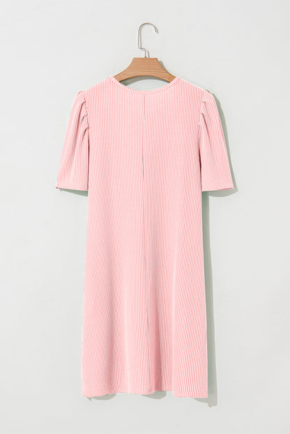 Parchment Corded Crew Neck Puff Sleeve Mini Dress
