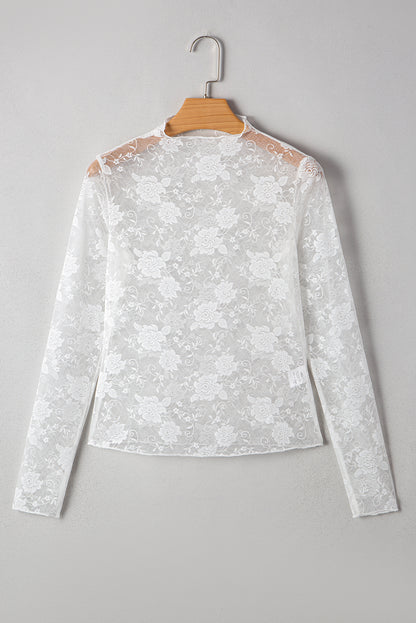 Black Mock Neck Floral Lace Mesh Long Sleeve Top
