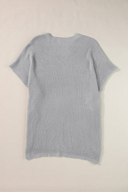 Rose Red Side Slit Short Sleeve Oversized Sweater
