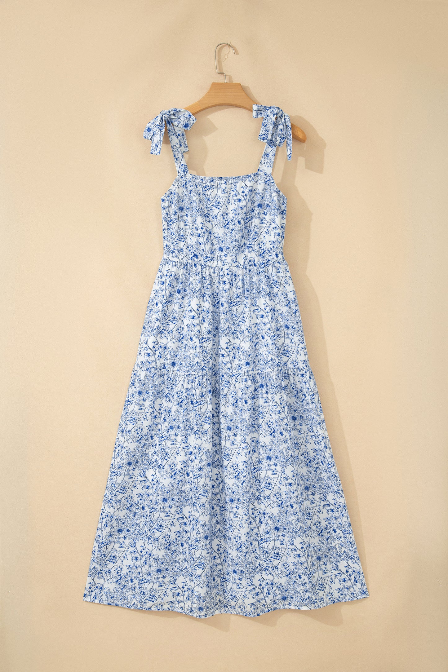 Sky Blue Floral Print Knot Straps High Waist Flared Maxi Dress