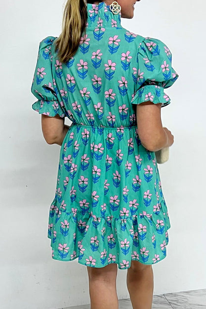 Green Floral Print Frilly Smocked High Waist Mini Dress