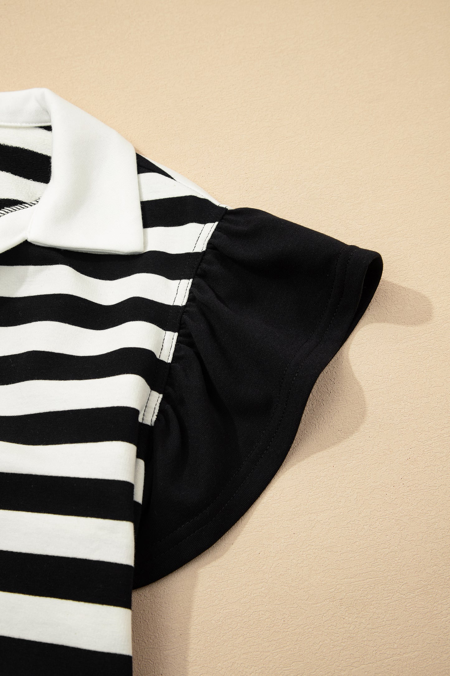 Pink Stripe Collar V Neck Ruffled Short Sleeve Blouse