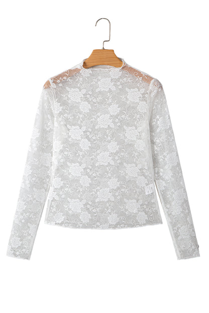 Black Mock Neck Floral Lace Mesh Long Sleeve Top