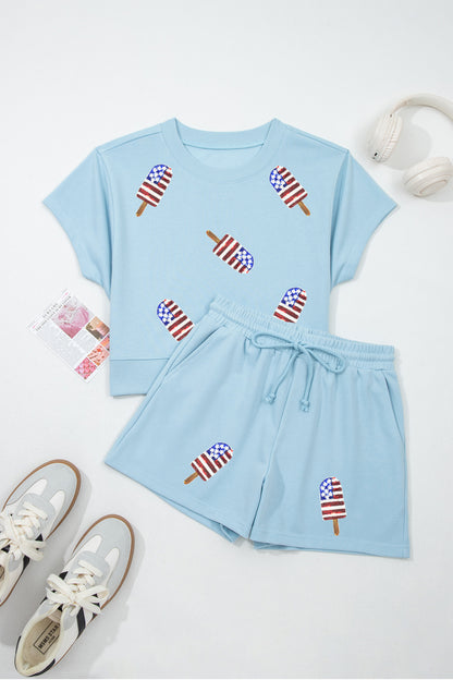 Mist Blue Patriotic Sequin Popsicle Print Two Piece Set Casual Shorts Outfit