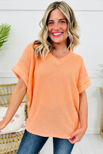 Strawberry Pink Waffle V Neck Short Sleeve Knit Top