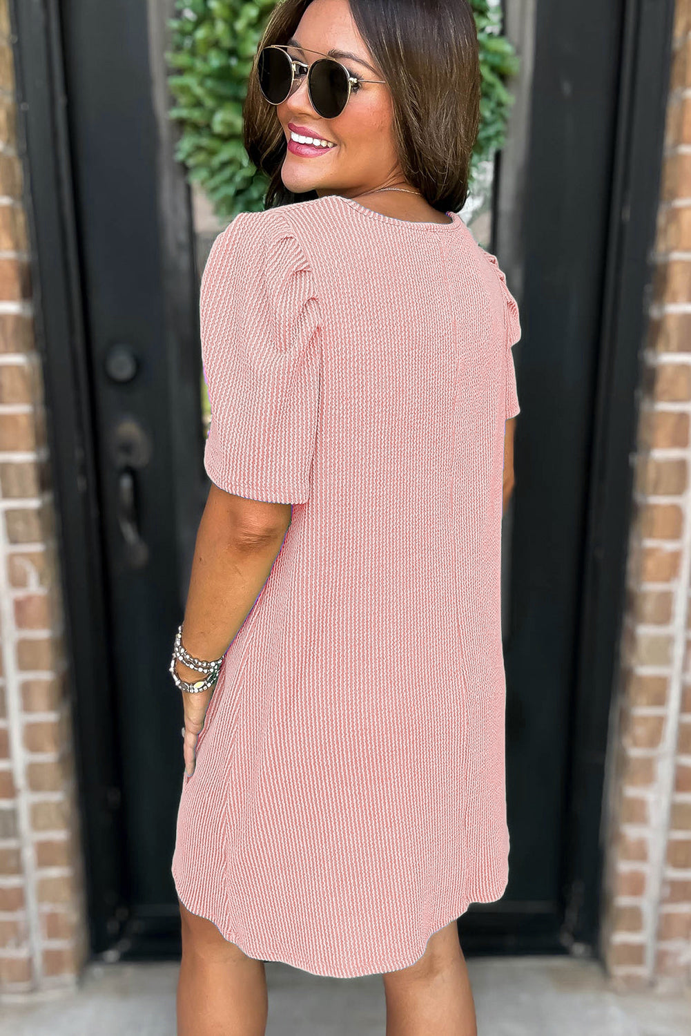 Parchment Corded Crew Neck Puff Sleeve Mini Dress