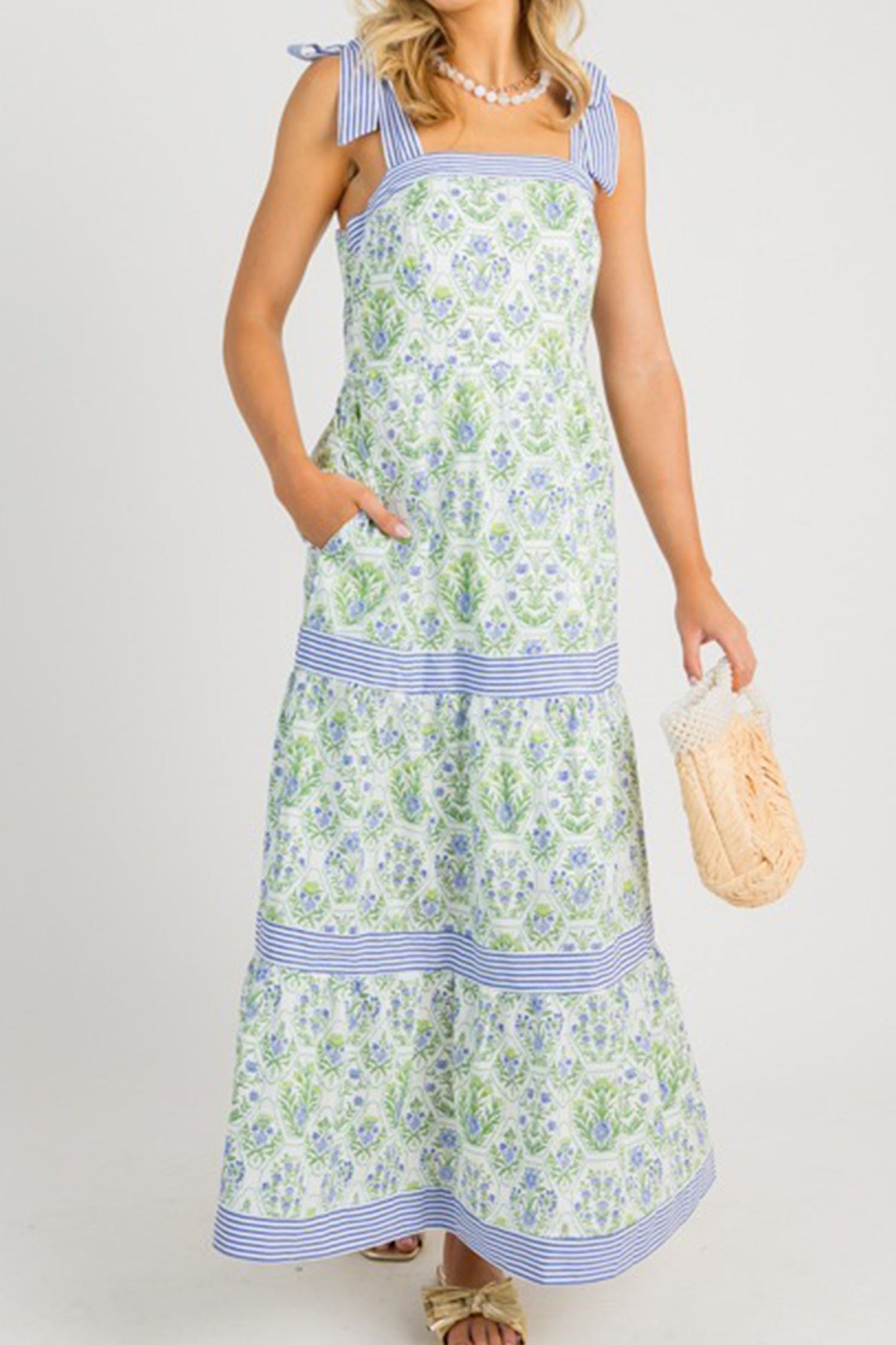 Pink Geometric Floral Print Striped Patchwork Detail Sleeveless Dress