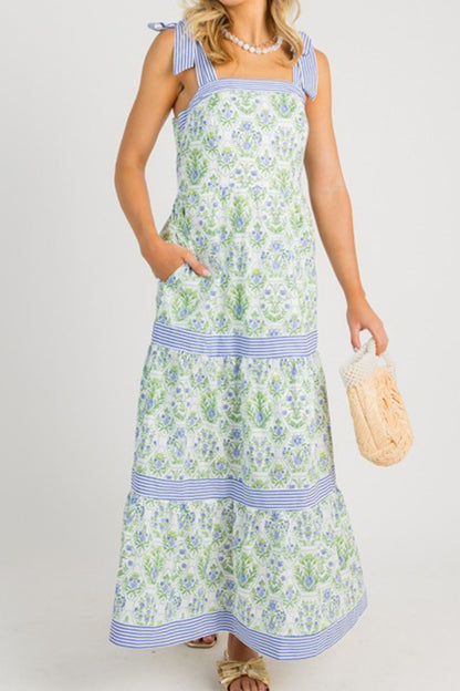 Pink Geometric Floral Print Striped Patchwork Detail Sleeveless Dress