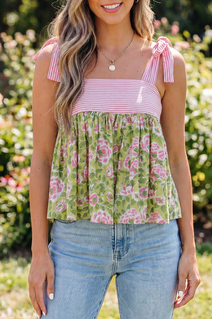 Pink Fashion Printed Knot Straps Babydoll Tank Top