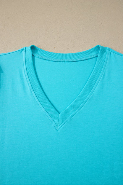 Yellow Solid Color V Neck Short Puff Sleeve Blouse