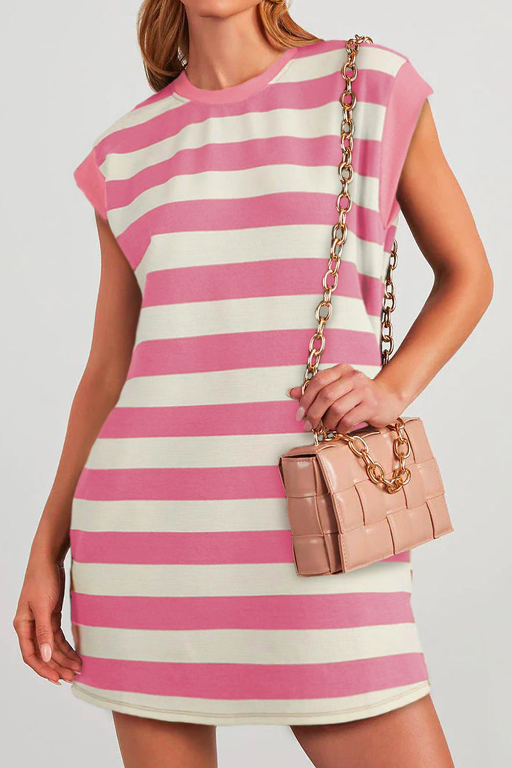 Khaki Stripe Cap Sleeve Shift T Shirt Dress