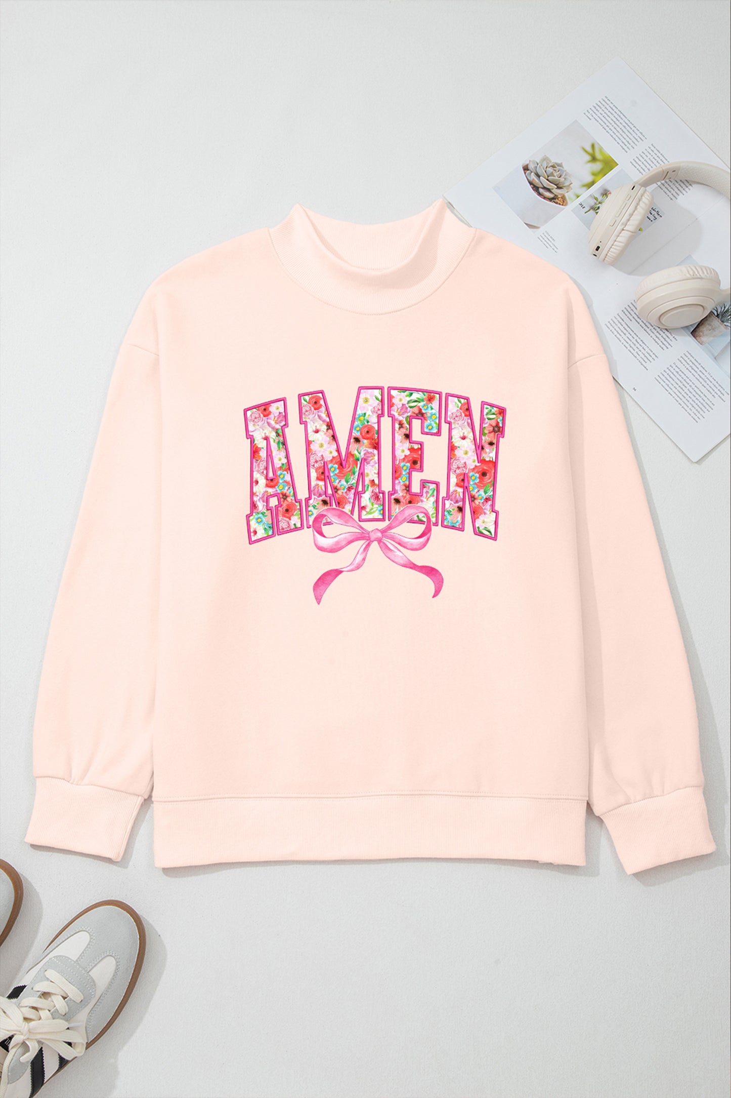Apricot Pink AMEN Floral Bow Printed Mock Neck Sweatshirt