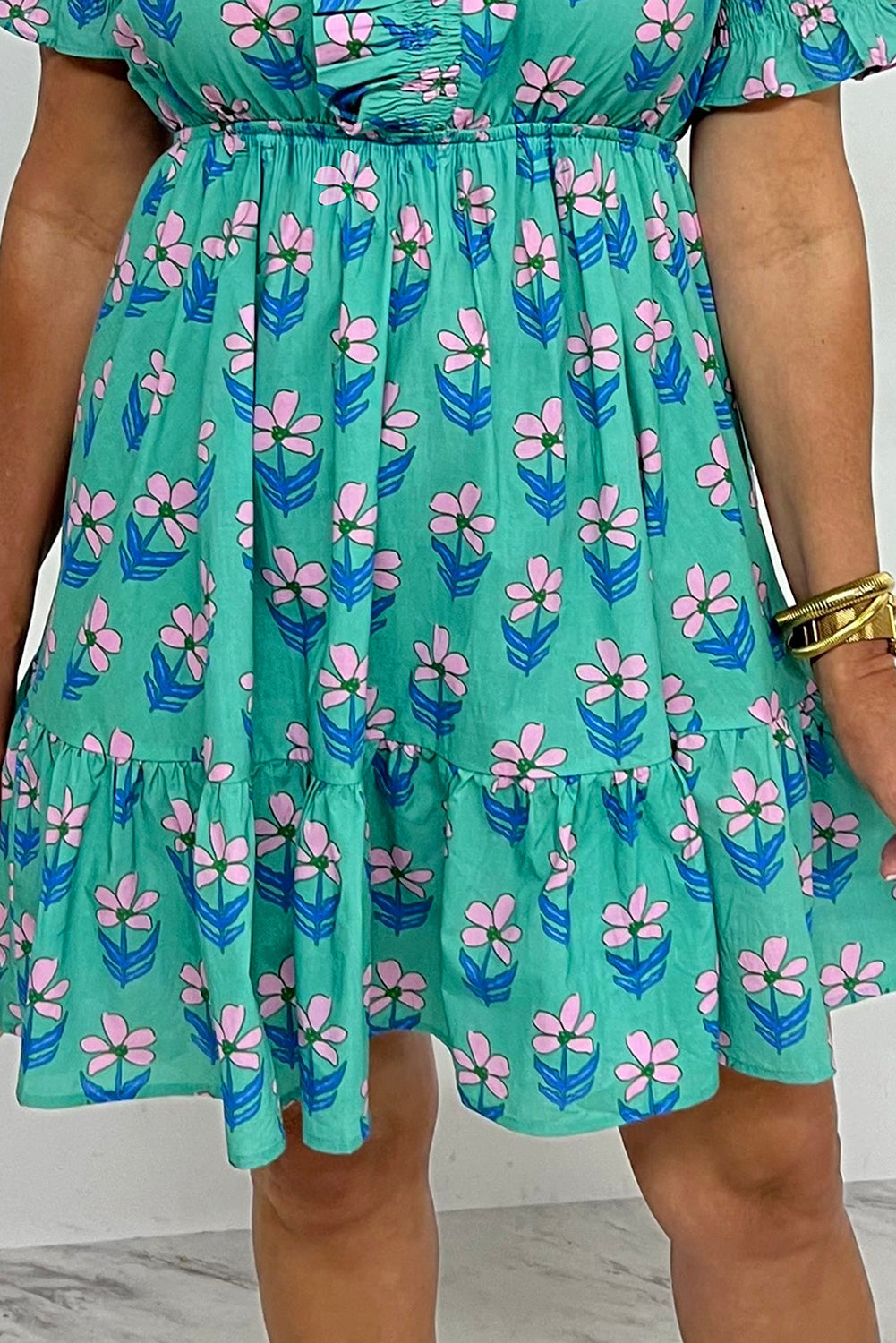 Green Floral Print Frilly Smocked High Waist Mini Dress