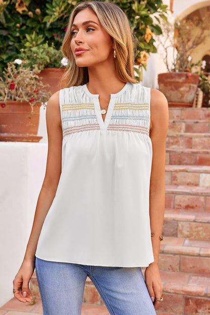 Apricot Shirred Contrast Stitch V Neck Sleeveless Shift Top