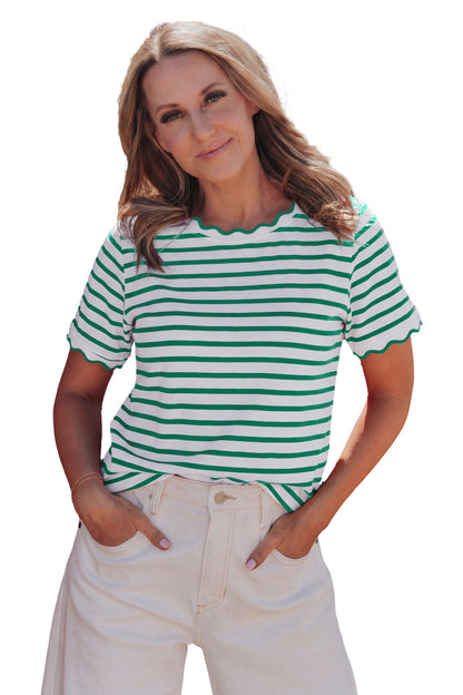 Red Stripe Scalloped Trim Round Neck T Shirt
