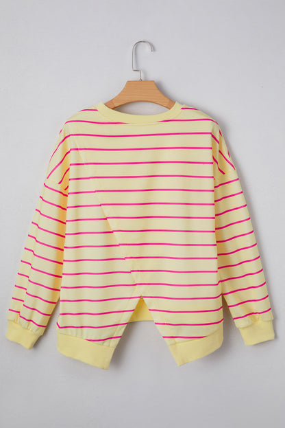 Blue Striped Overlap Detail Drop Shoulder Pullover Sweatshirt