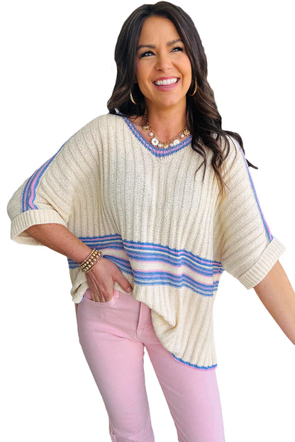 White Striped V Neck Dolman Sleeve Knit Sweater