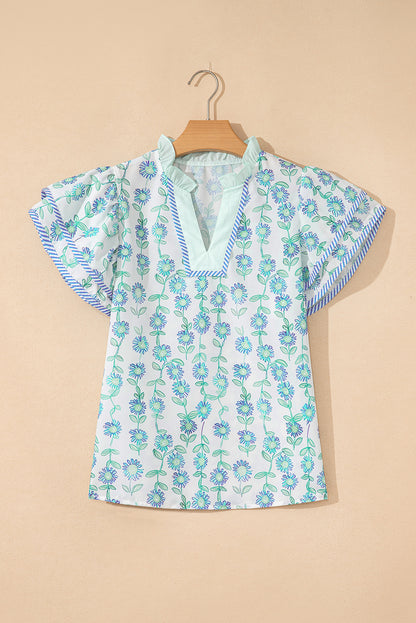 Green Floral Print Striped Trim Contrast V Neck Patchwork Boho Blouse
