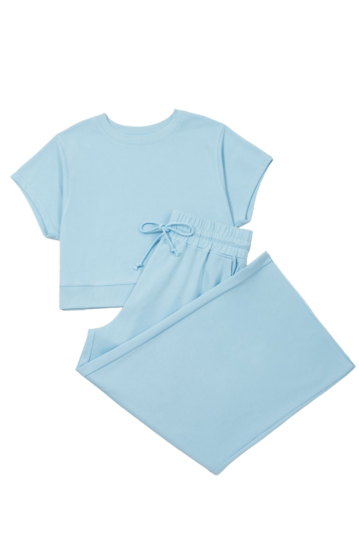 Clearly Aqua Solid Color Ribbed Trim Short Sleeve Top Drawstring Loose Pants 2pcs Outfit
