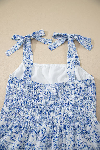 Sky Blue Floral Print Knot Straps High Waist Flared Maxi Dress