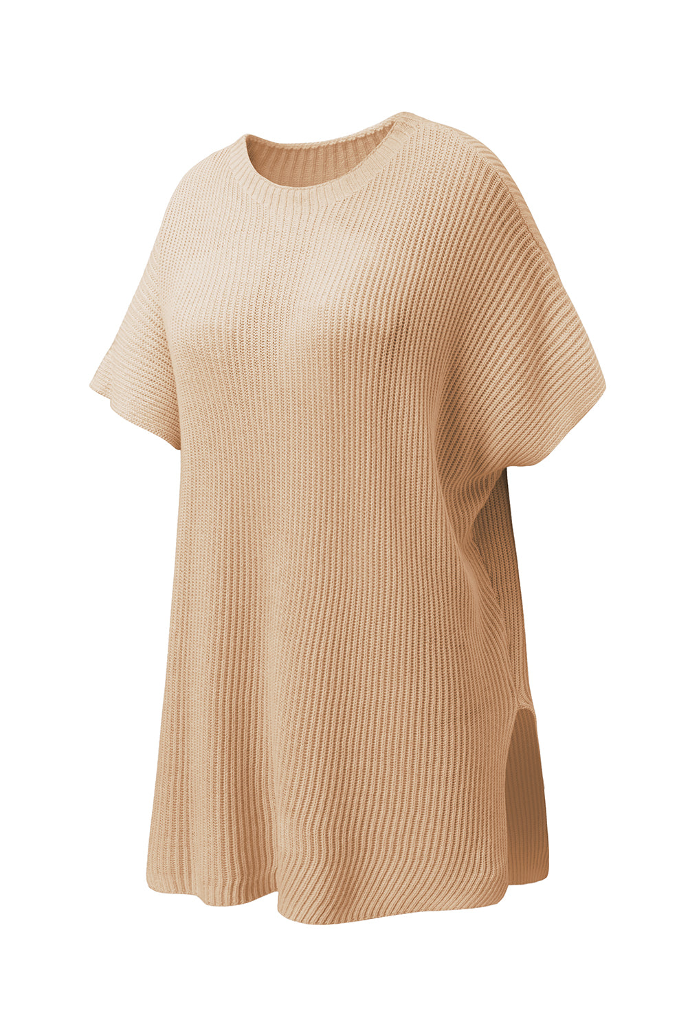 Rose Red Side Slit Short Sleeve Oversized Sweater