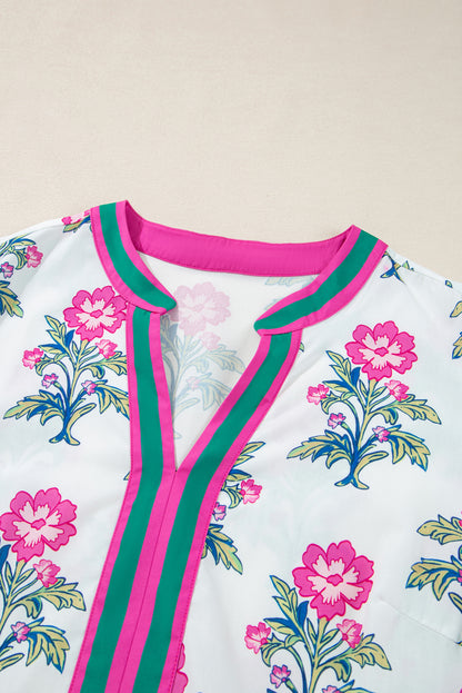 White Allover Floral Print Pop of Color Neckline Puff Sleeve Plus Size Dress
