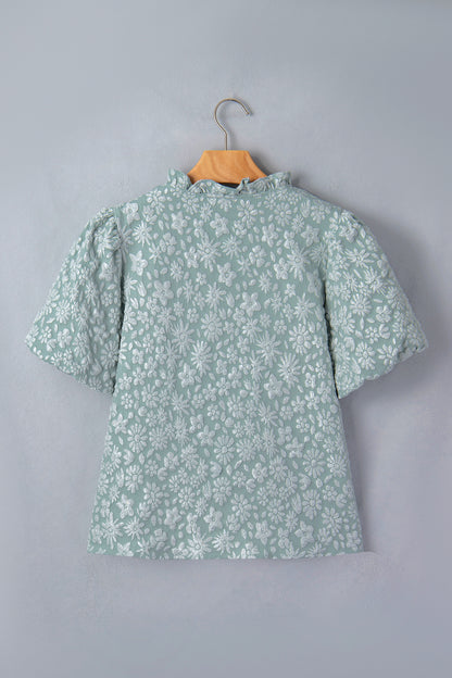 Apricot Pink Floral Textured Jacquard Puff Sleeve Blouse