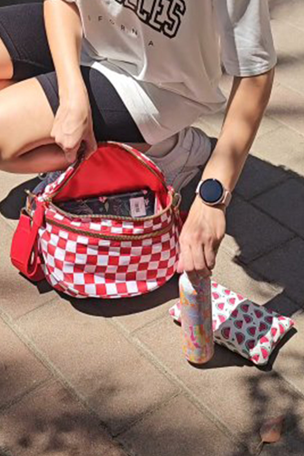 Pink Checkered Print Wide Strap Large Crossbody Bag