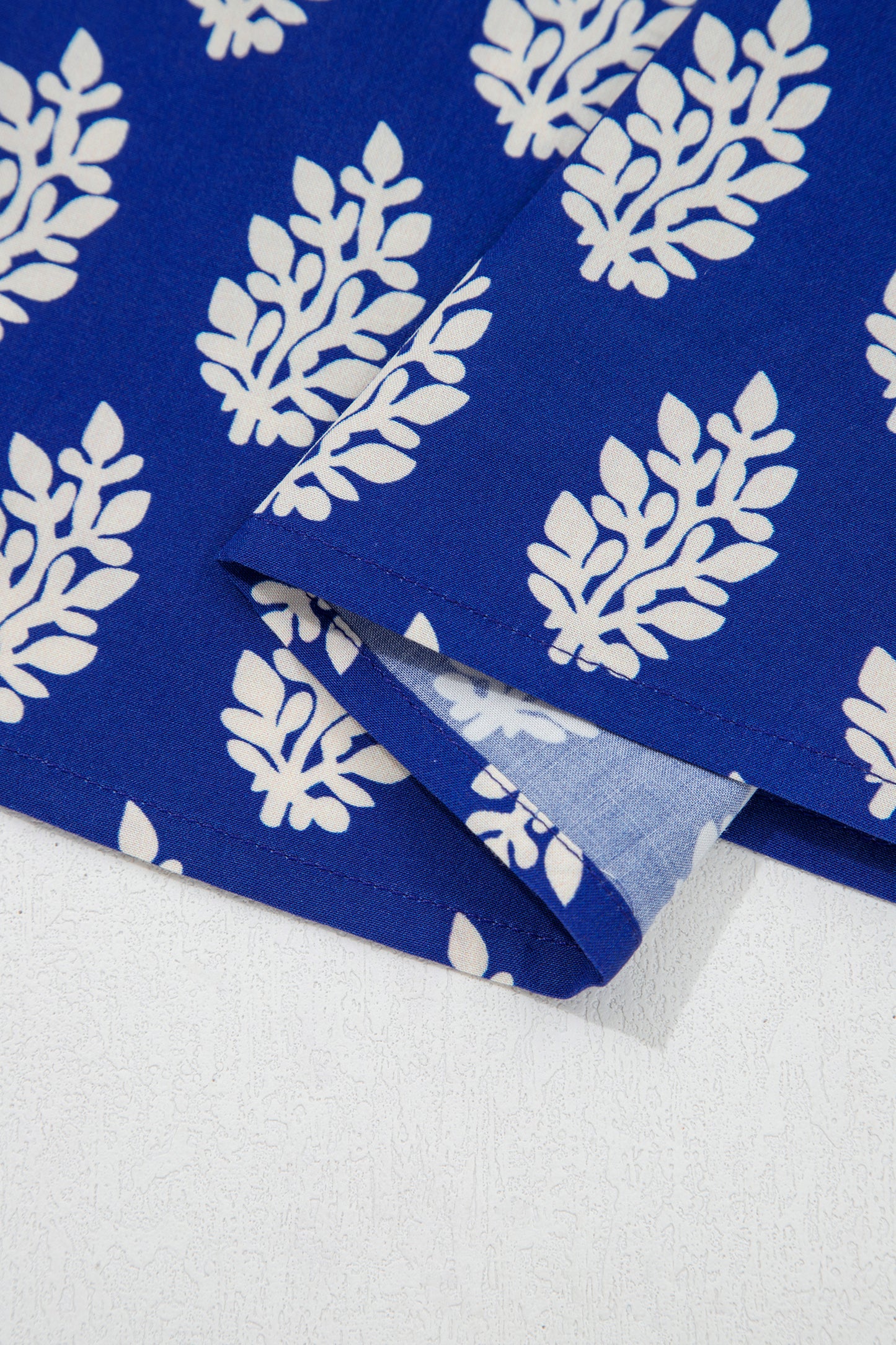 Blue Plus Size Botanical Print Tie V Neck Ruffle Short Sleeve Blouse