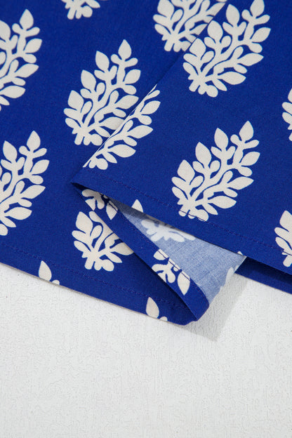Blue Plus Size Botanical Print Tie V Neck Ruffle Short Sleeve Blouse