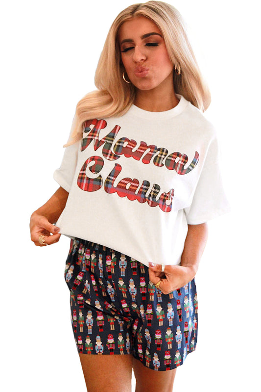 Pink Mama Claus Plaid Letter Tee Nutcracker Shorts 2pcs Lounge Set