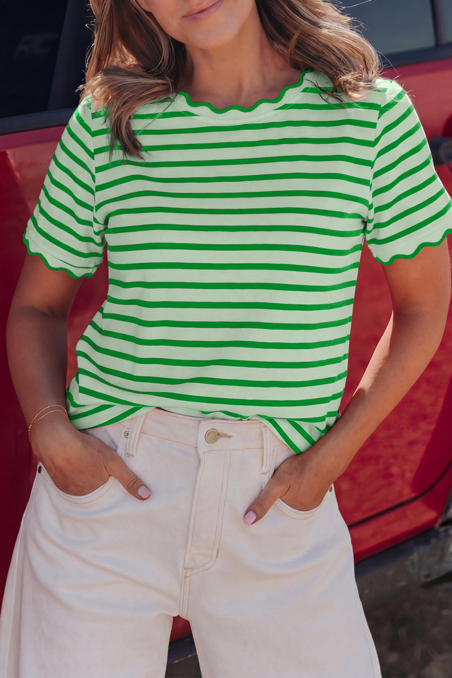 Red Stripe Scalloped Trim Round Neck T Shirt