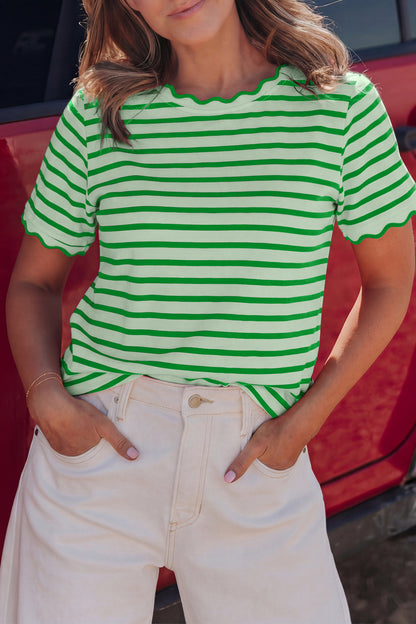 Red Stripe Scalloped Trim Round Neck T Shirt